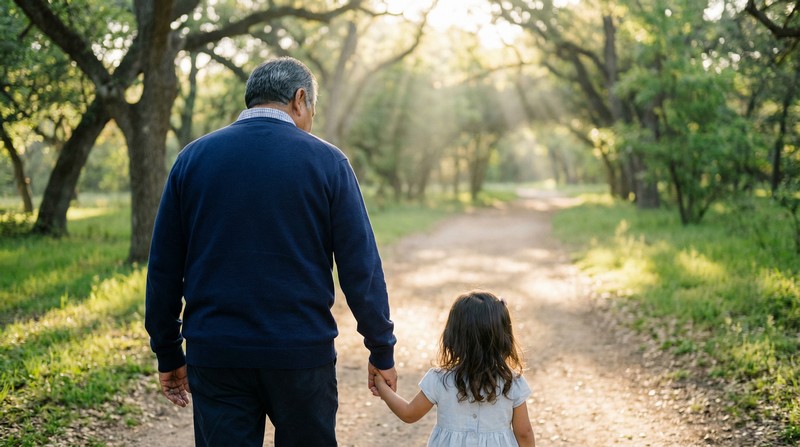 Abuelo y nieta caminando de la mano, tranquilidad y legado